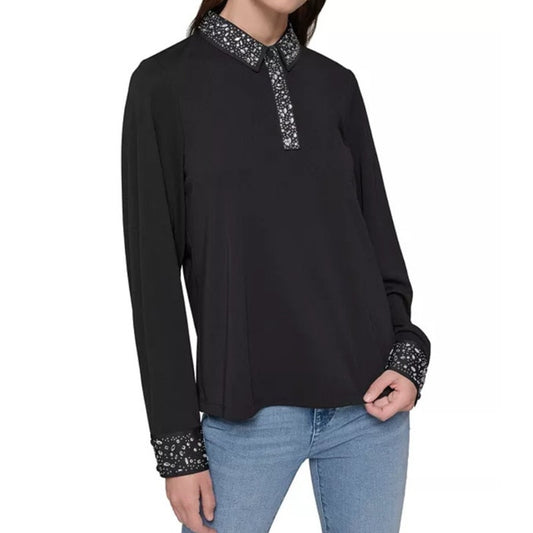 KARL LAGERFELD PARIS Women's Embellished Collar Top in Black