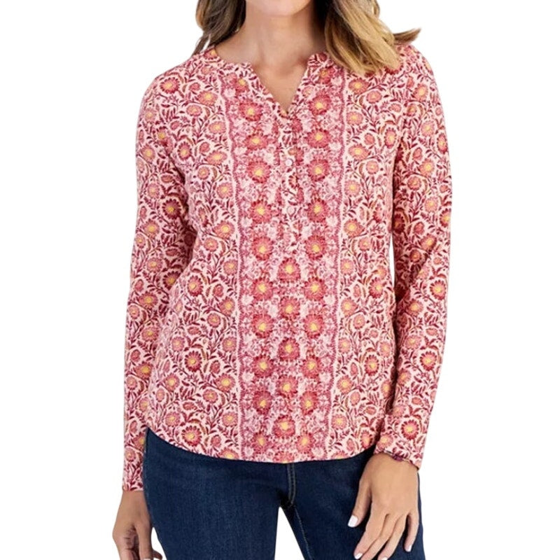 Style & Co. Plus Size Printed Y-Neck Top in Border Rose Pink