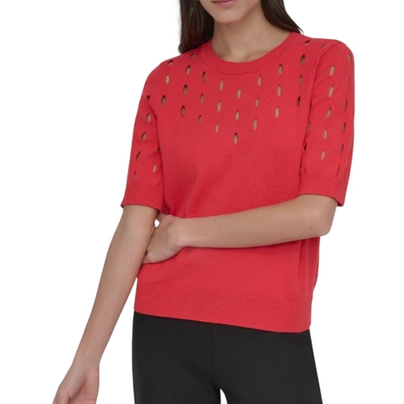 DKNY Women's Short-Sleeve Crewneck Cutout Sweater in Bright Red