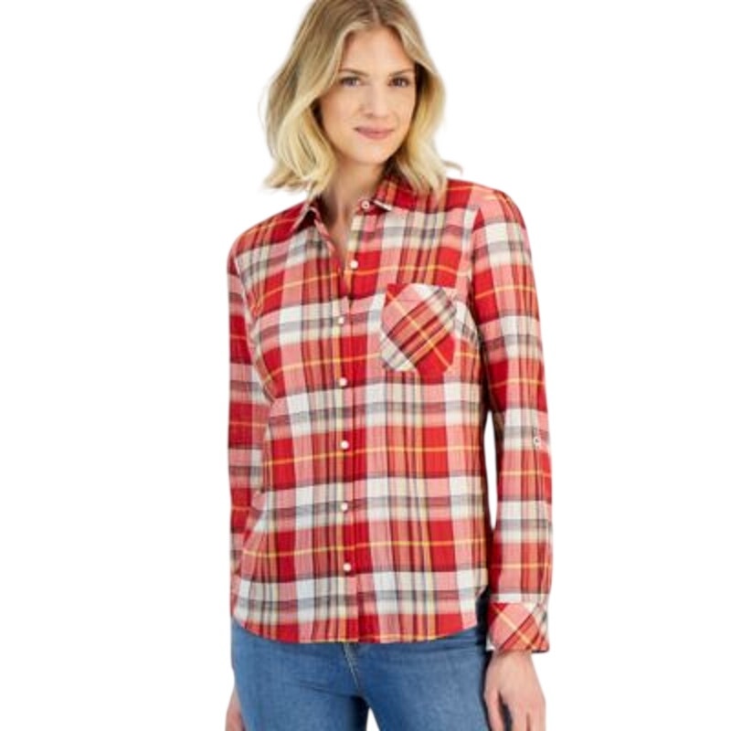 Nautica Jeans Women's Bayfront Plaid Roll-Tab Long Sleeve Top in Samba Red Multi