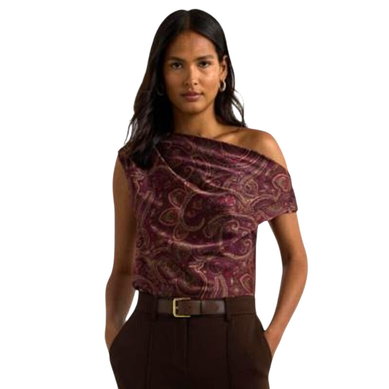 Lauren Ralph Lauren Women's Print Charmeuse Off-the-Shoulder Top in Burgundy