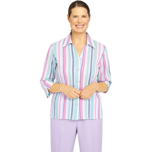 Alfred Dunner Women's Classics Collared Button-Up Top in Multi Stripes