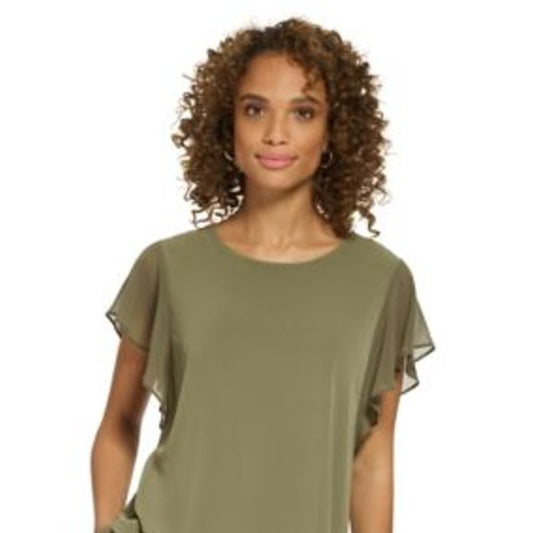 Calvin Klein Women's Flutter Sleeve Top in Olive Green