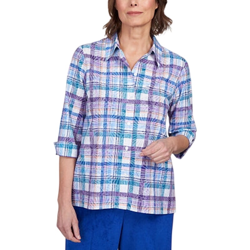 Alfred Dunner Women's Classics Button-Front Top in Bright Multi Check Print
