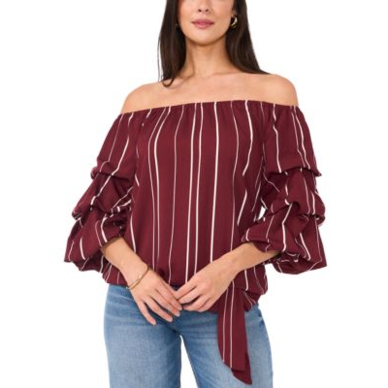 Vince Camuto Women's Striped Balloon-Sleeve Off-the-Shoulder Top in Crisp Merlot