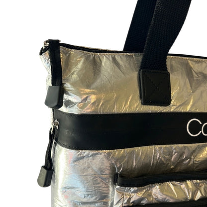 Calvin Klein Metallic Silver Tote Bag w/ Pockets & Black Details, NWT, $168