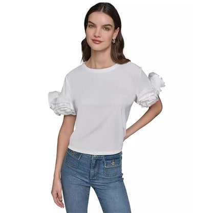 Karl Lagerfeld Paris Women's 3D Floral-Sleeve Top in Soft White