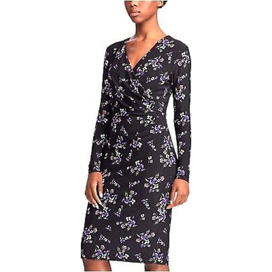 Ralph Lauren Black Faux Wrap Dress w/ Purple Floral Pattern