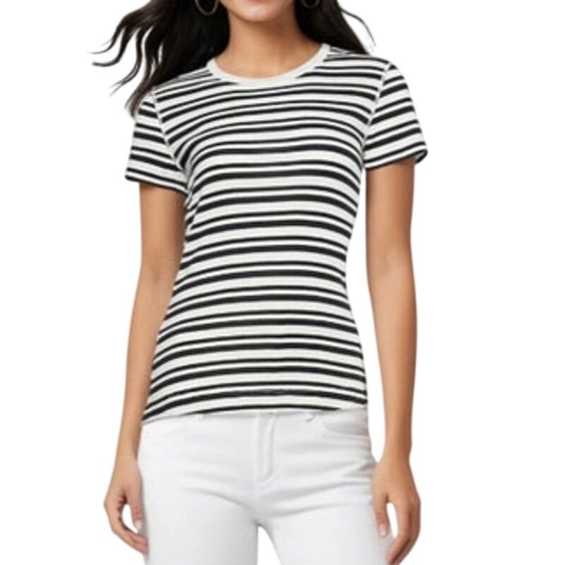 Three Dots Women's Short Sleeve Crewneck T-Shirt in Black Beauty Stripe