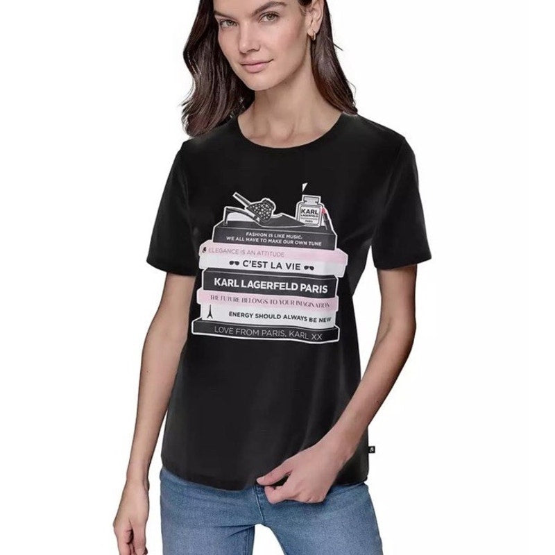 KARL LAGERFELD PARIS Women's Bookshelf Graphic T-Shirt in Black & White