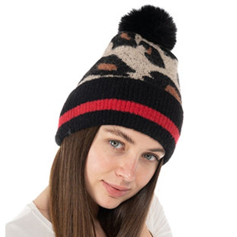 INC International Concepts Ladies Animal-Print Beanie With Faux Fur Pom Pom, OS