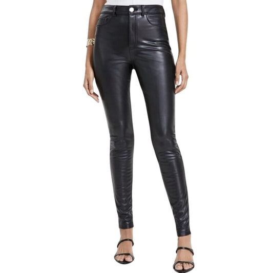 INC International Concepts Faux-Leather Straight-Leg Skinny Pants in Deep Black