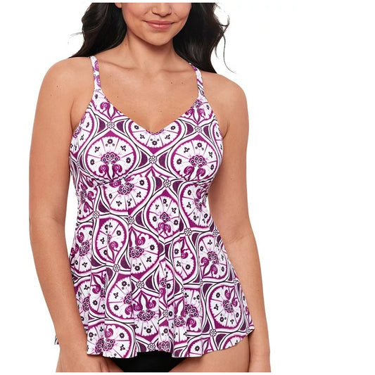 Swim Solutions Women's Tiletale V-Neck Tankini Top in Magenta Multi