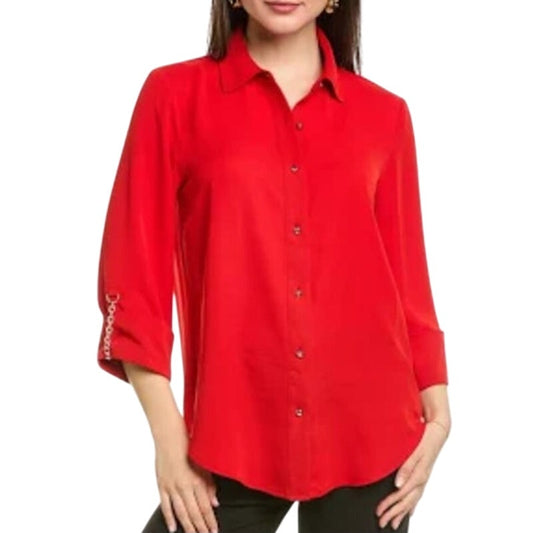 Anne Klein Women's Gold Chain-Trim Roll-Sleeve Top in Poppy Red