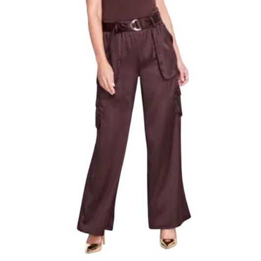 INC International Concepts Women's High-Rise Belted Satin Pants in Cocoa Bean