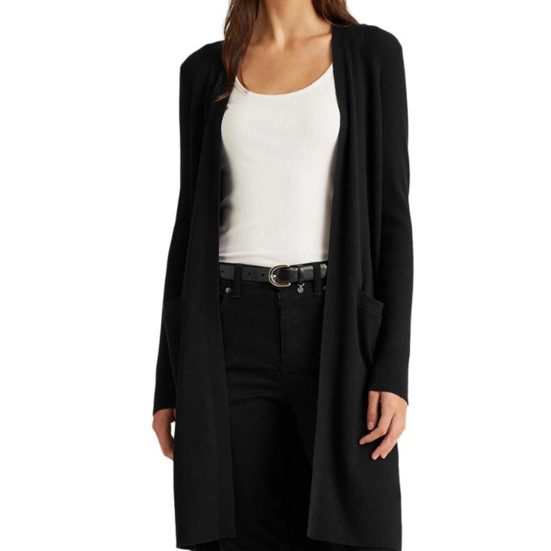 Lauren Ralph Lauren Solid Black Ribbed Cardigan w/ Pockets, Size Small