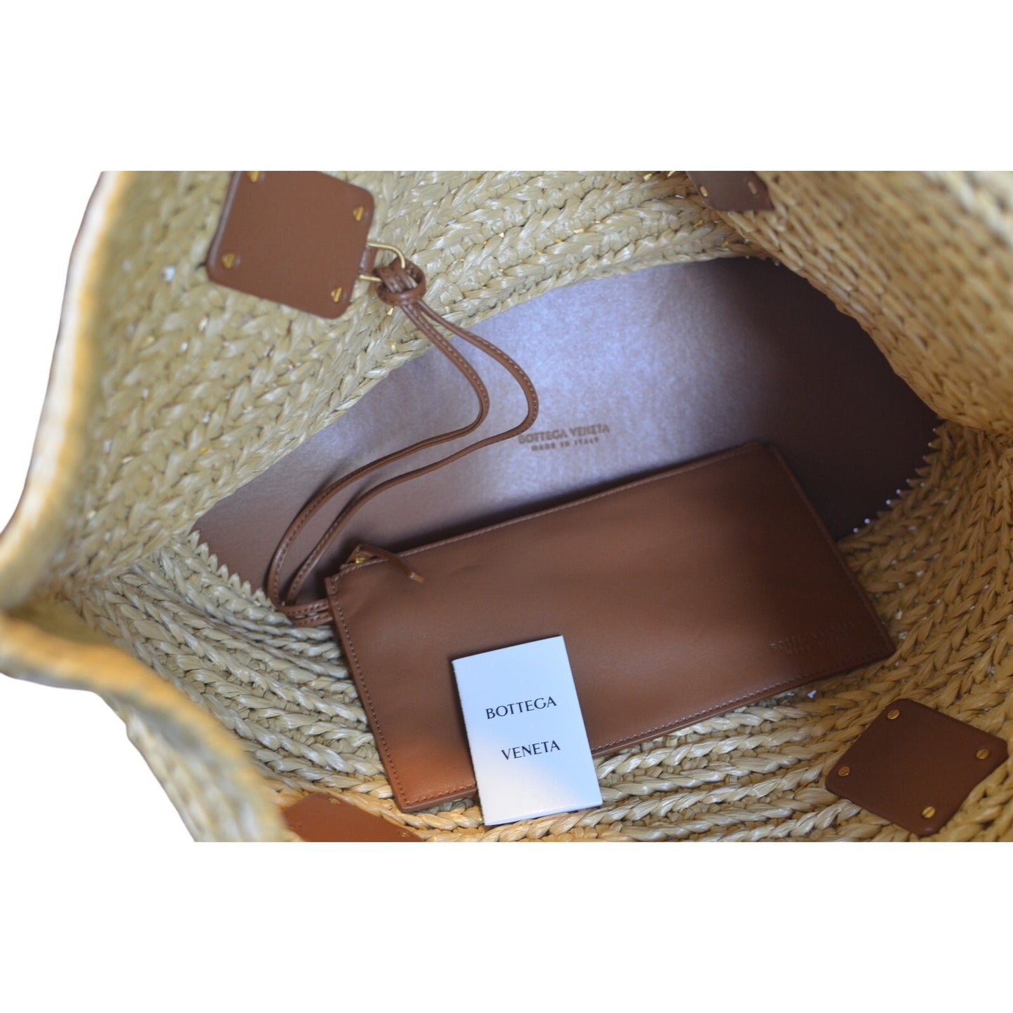 Bottega Veneta Women's "Arco" Raffia Tote in Tan with Leather Pouch