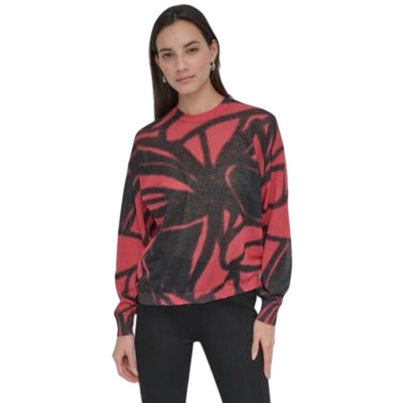 DKNY Women's Abstract-Print Long Sleeve Floral Graffiti Print Top in Black Pink