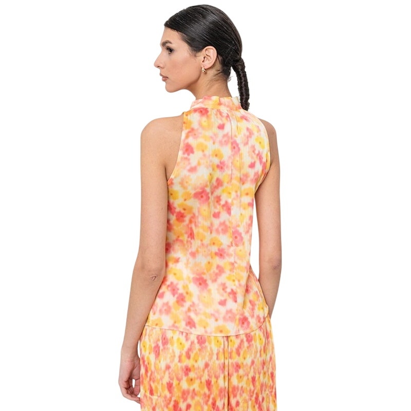 Hugo Boss Satin Halter Top w/ Neck Tie Multi Floral in Celuni Orange