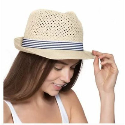 INC International Concepts Tan Straw Hat w/ White & Navy Blue Striped Band