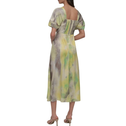 DKNY Women's Ruched Printed Satin Midi Dress in Yellow Gray Multi