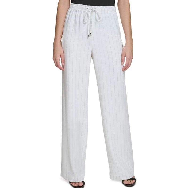 Calvin Klein Women's Drawstring Waist Pinstripe Pants in Ivory