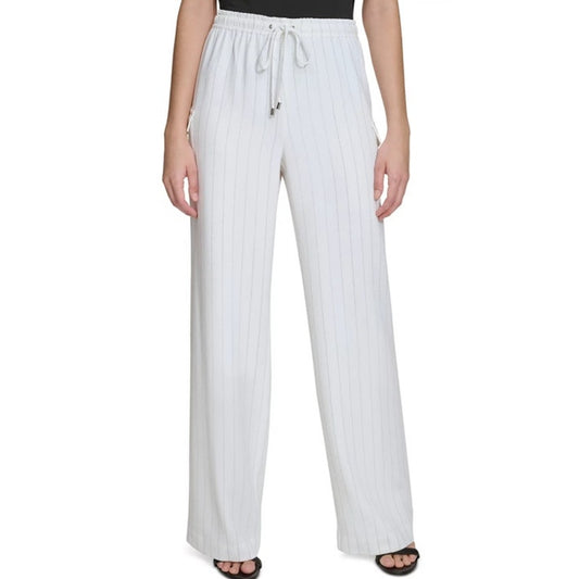 Calvin Klein Women's Drawstring Waist Pinstripe Pants in Ivory