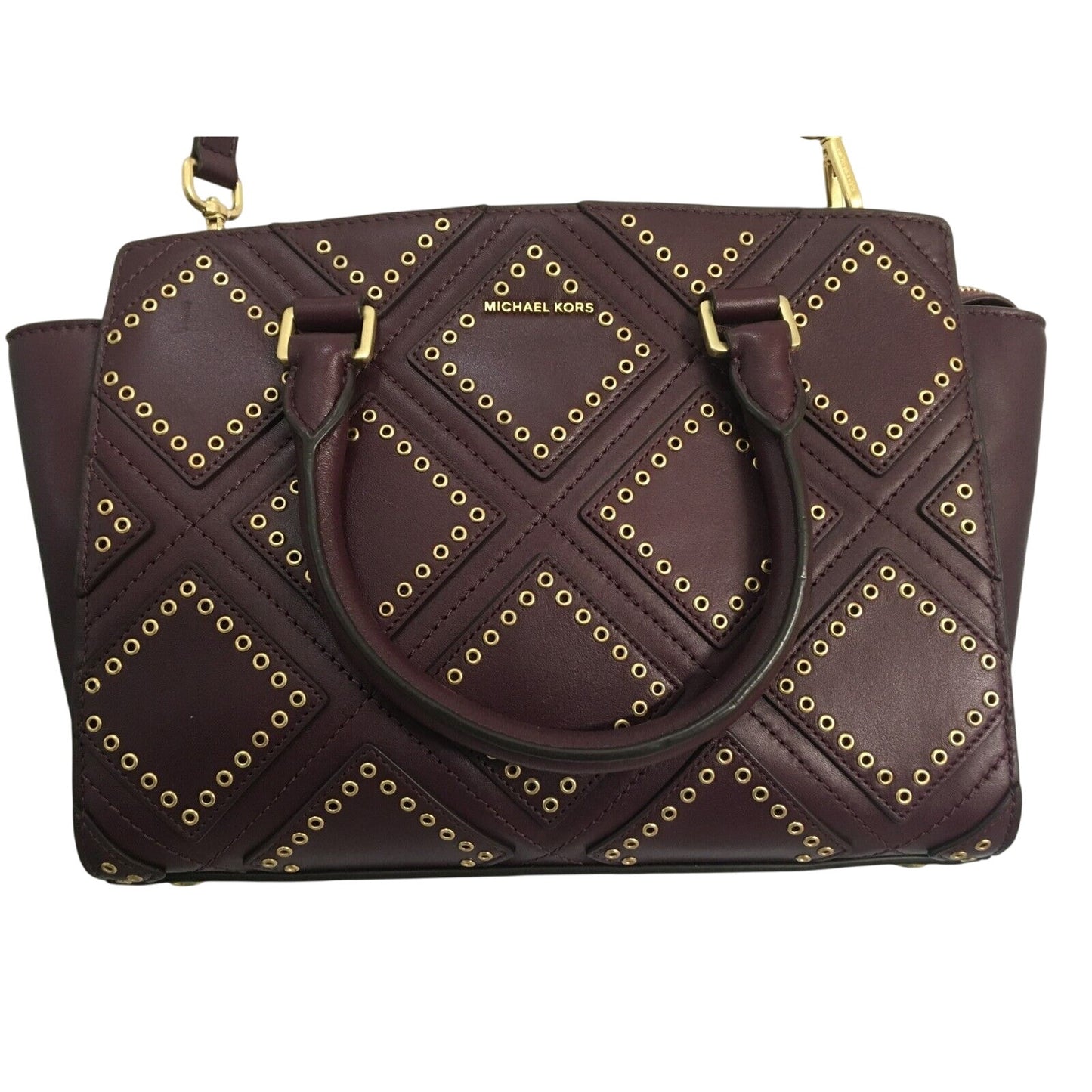 MICHAEL KORS, Diamond Grommet Selma Satchel, Plum/Gold, Leather