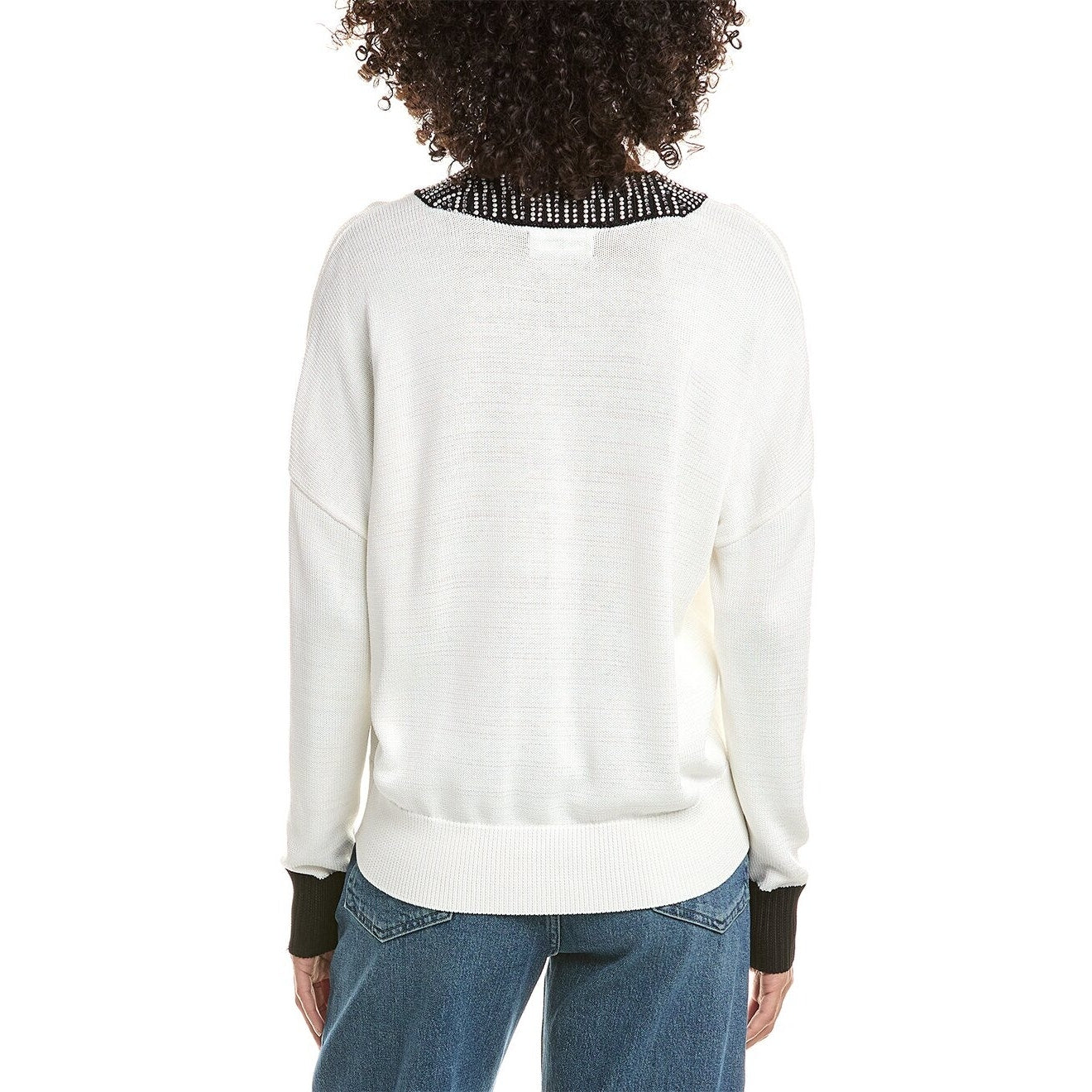 KARL LAGERFELD Embellished V-Neck Sweater in White & Black