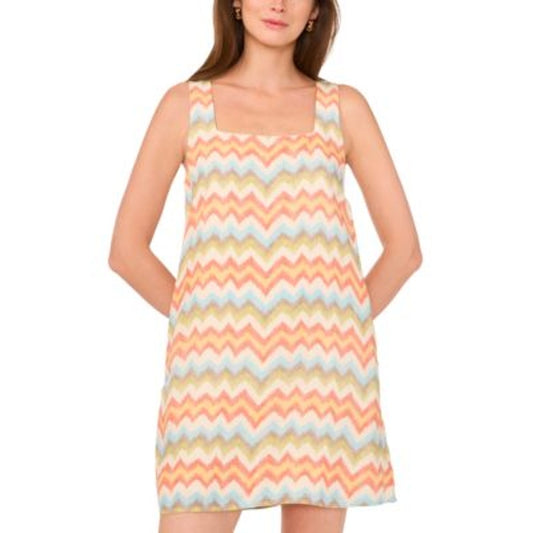 1.STATE Women's Sleeveless Square Neck Dress in Sand Multi Chevron Print