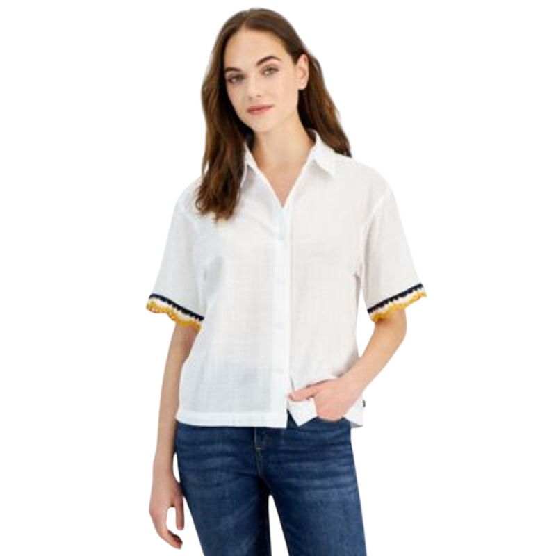 Nautica Jeans Women's Short Sleeve Crochet Trim Top in Bright White