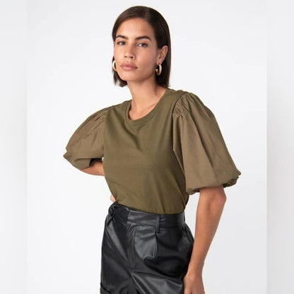 SANCTUARY Women's Dream State Cotton Puff-Sleeve Tee Olive