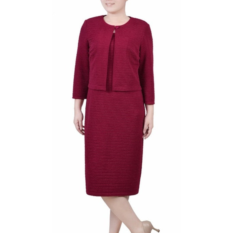 NY Collection Women's Petite Textured Dress & Jacket Set in Deep Sangria Red