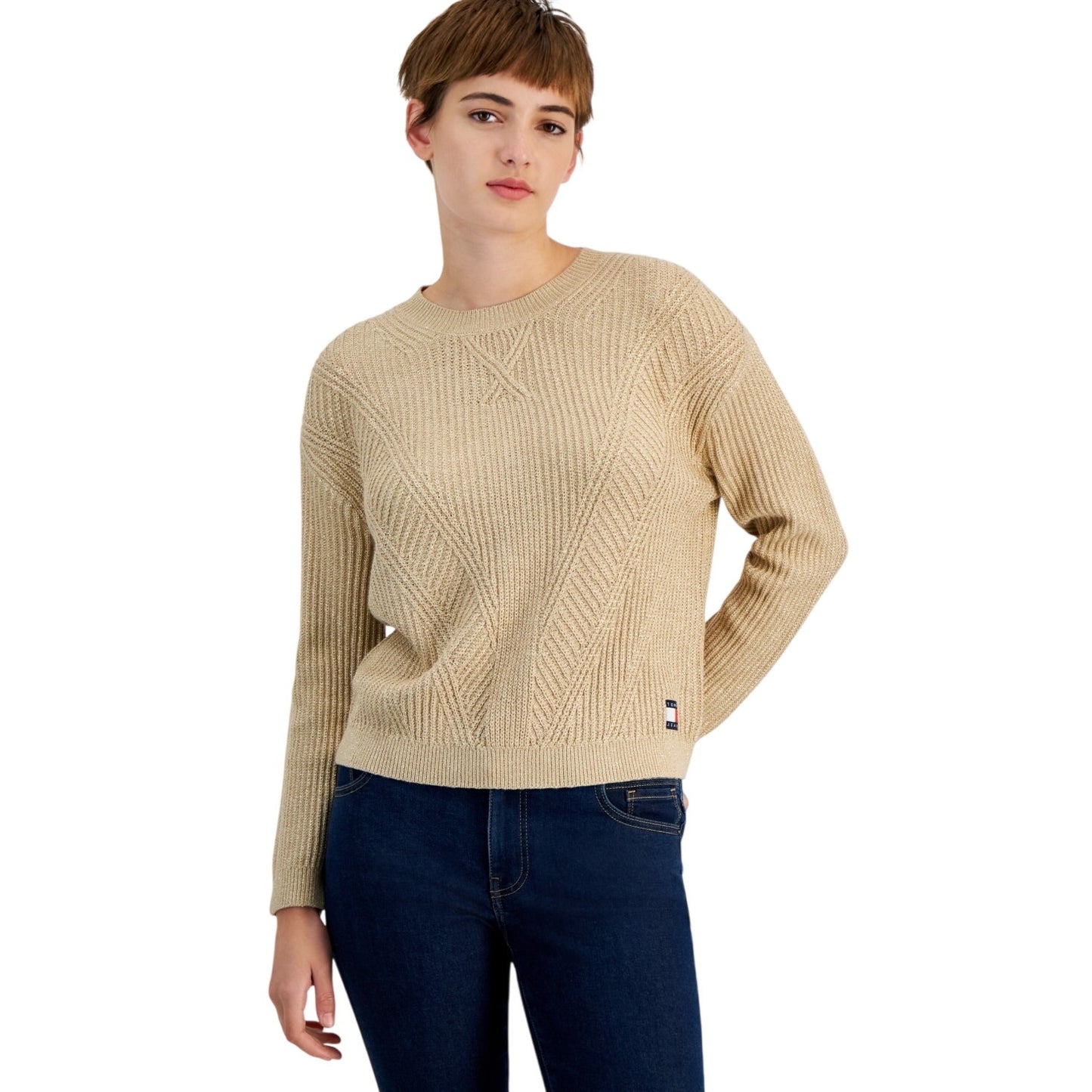 Tommy Jeans Women's Metallic-Knit Crewneck Sweater in Heather Biscuit Tan