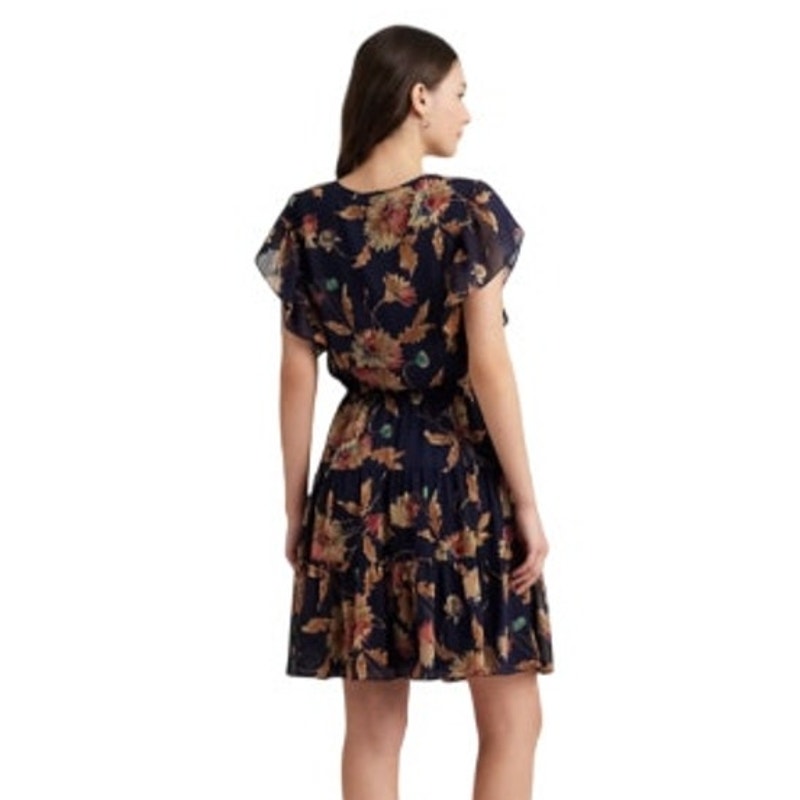 Lauren Ralph Lauren Women's Floral Crinkle Georgette Dress in Navy Blue & Orange