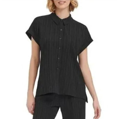 Calvin Klein Women's Short Sleeve Crinkle Button Up Top in Black