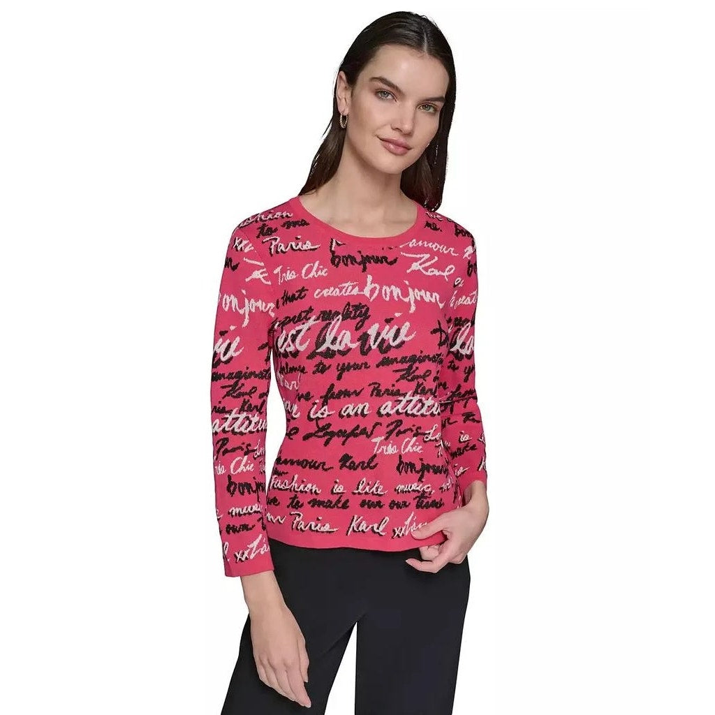 Karl Lagerfeld Paris Women's Allover Script Sweater in Teaberry Pink