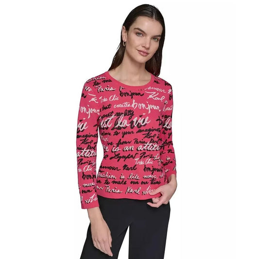 Karl Lagerfeld Paris Women's Allover Script Sweater in Teaberry Pink