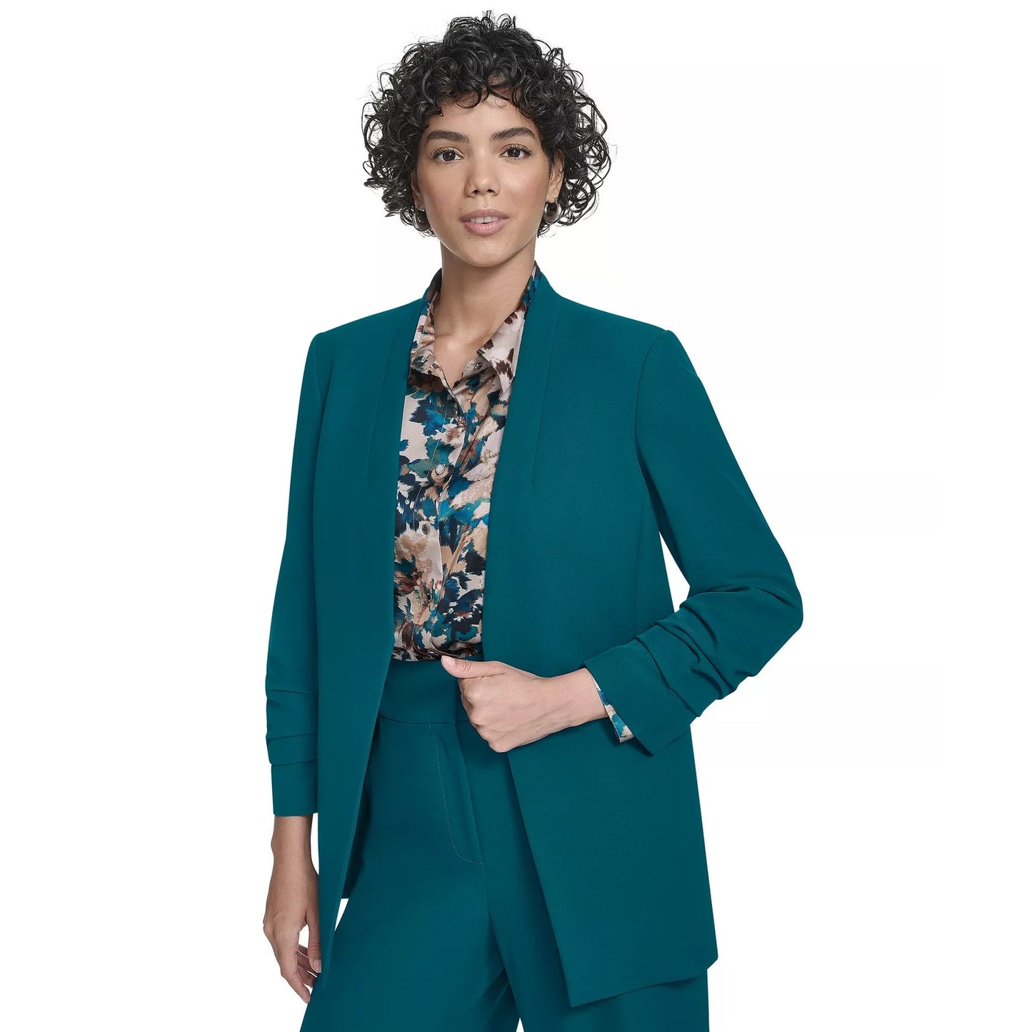 Calvin Klein Women's Heavy Open-Front Ruched-Sleeve Blazer in Cypress