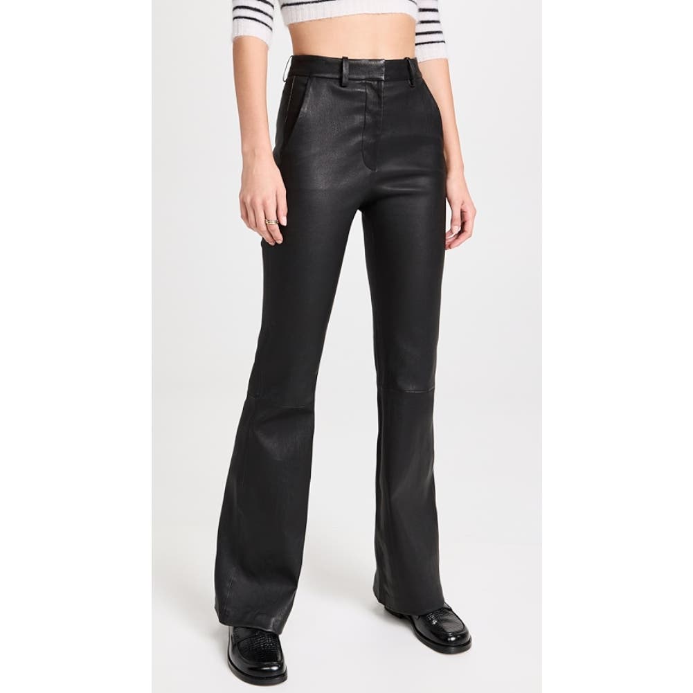 Theory Demitria High-Waist Leather Flared Pants Black, Size 4