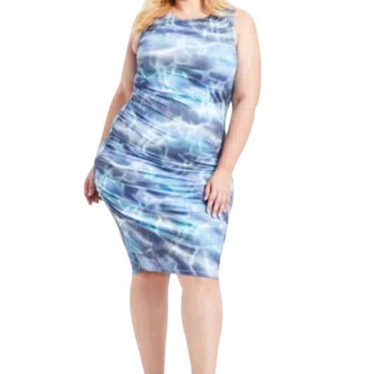 Bar III Women's Trendy Plus Size Printed Ruched Sheath Dress in Ombre Wave Blue