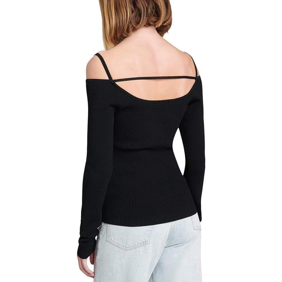 7 For All Mankind Off Shoulder Long Sleeve Top Ribbed Black, Size Small