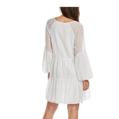 Vince Camuto White Tiered Smock Dress w/ Puff Sleeves & Lace Front Details, NWT