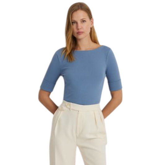 Lauren Ralph Lauren Petite Ribbed Elbow-Sleeve Top in Pale Azure Blue, Size PS
