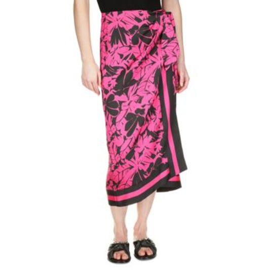 Michael Kors Women's Lush Palm-Print Faux-Wrap Skirt in Cerise Pink & Black