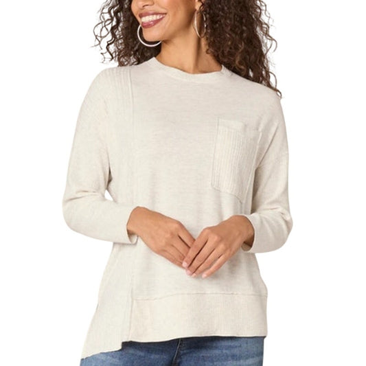 Democracy Petite Scoop-Neck Asymmetrical Hem Sweater in Heather Cream