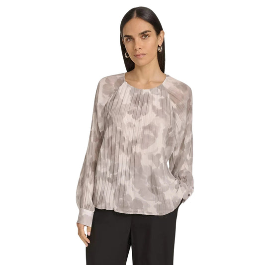 Calvin Klein Women's Printed Pleated Raglan-Sleeve Top in Gray Multi