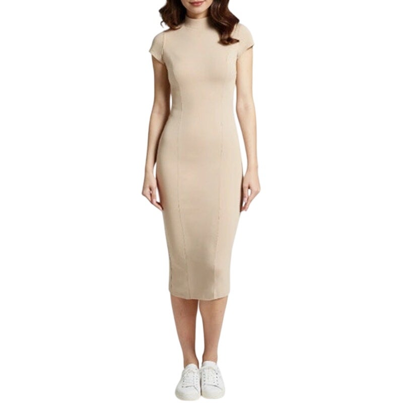 Three Dots Women's Cap-Sleeve Mock-Neck Joelle Dress in Tuffet Tan