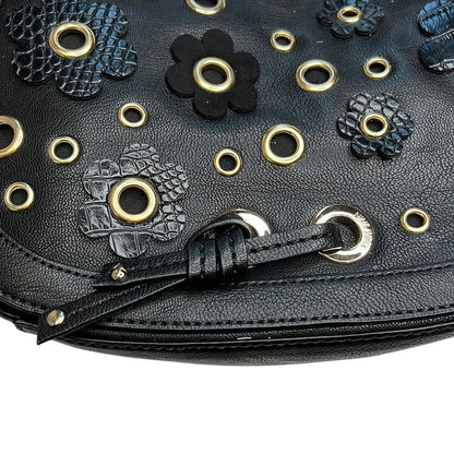 Nine West Black Leather Floral “Evelina” Saddle Bag, Gold Eyelet Details, NWT!