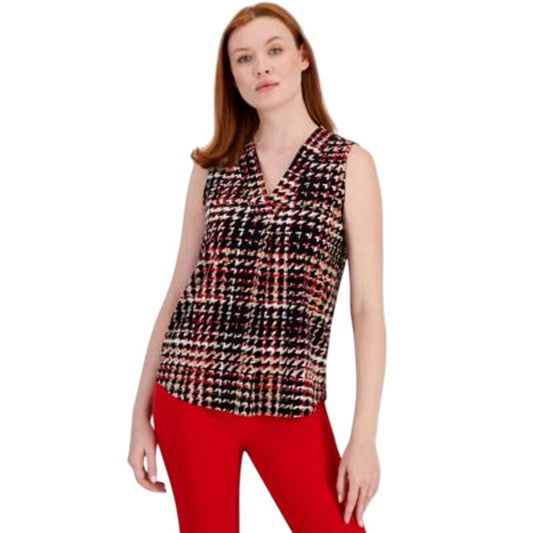 Anne Klein Women's Pleated-Neck Printed Top in Black & Red